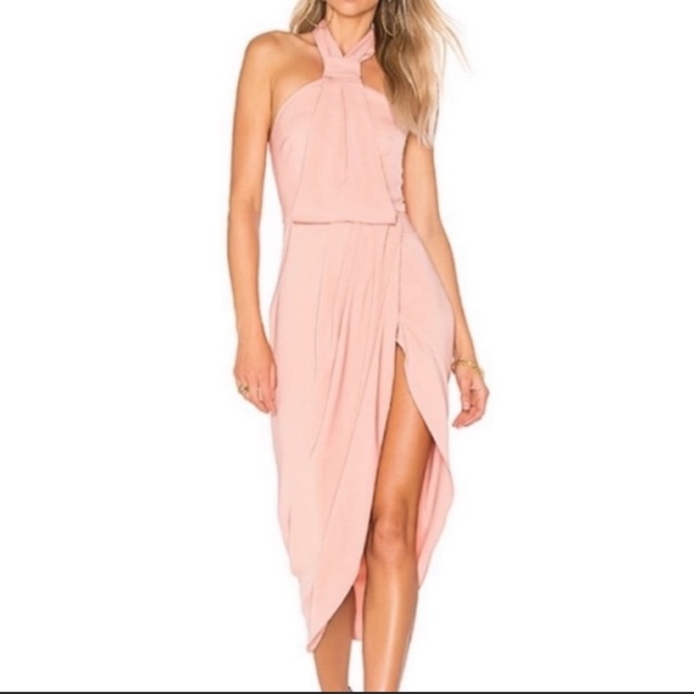 Shona Joy Knot Halter Midi Gown in Blush Size 4 Tulip Hem Knotted Neckline